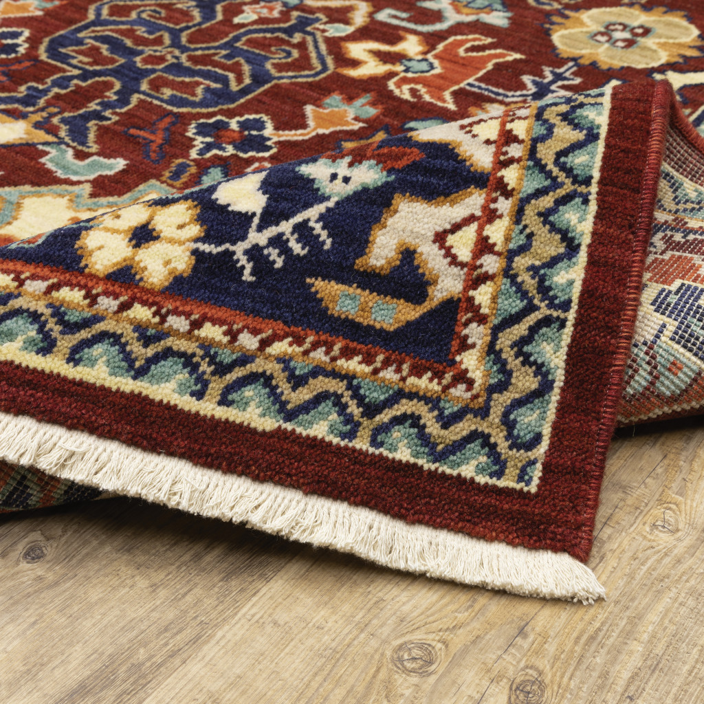 2" X 10" Blue And Red Oriental Power Loom Runner Rug With Fringe