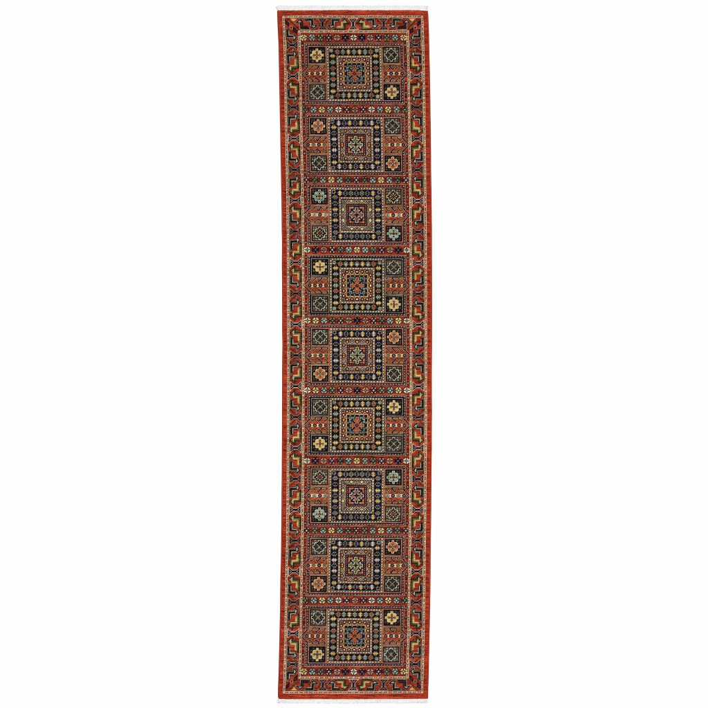 2" X 10" Blue And Red Oriental Power Loom Runner Rug With Fringe