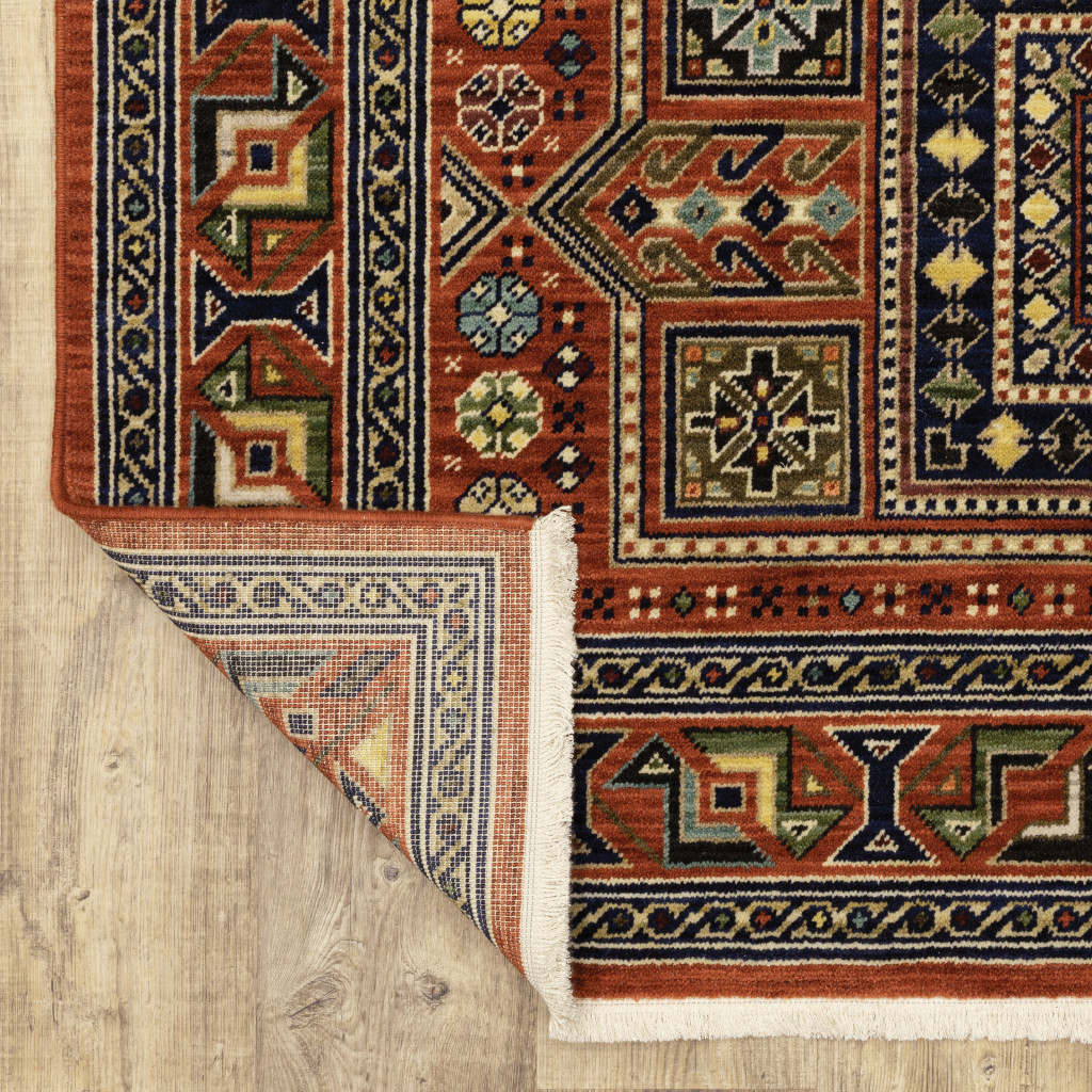 2" X 10" Blue And Red Oriental Power Loom Runner Rug With Fringe