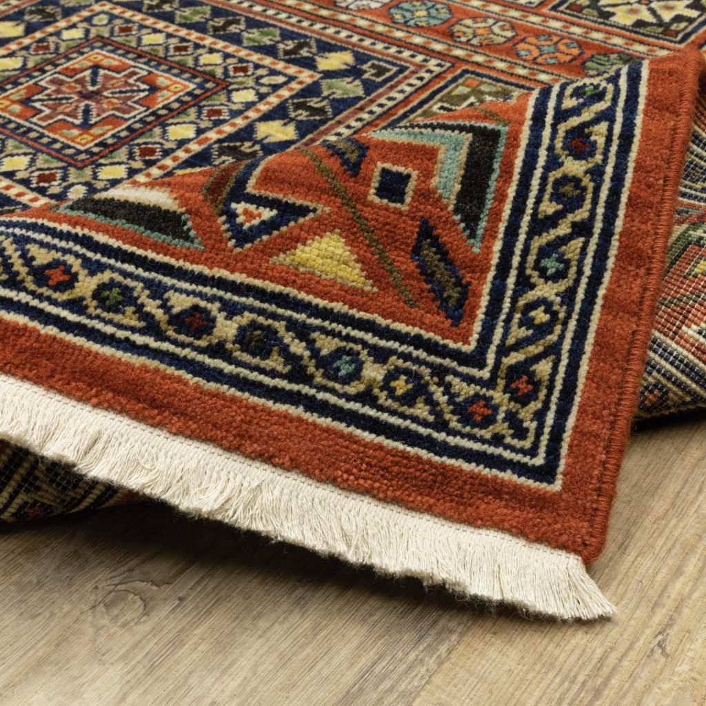 2" X 10" Blue And Red Oriental Power Loom Runner Rug With Fringe
