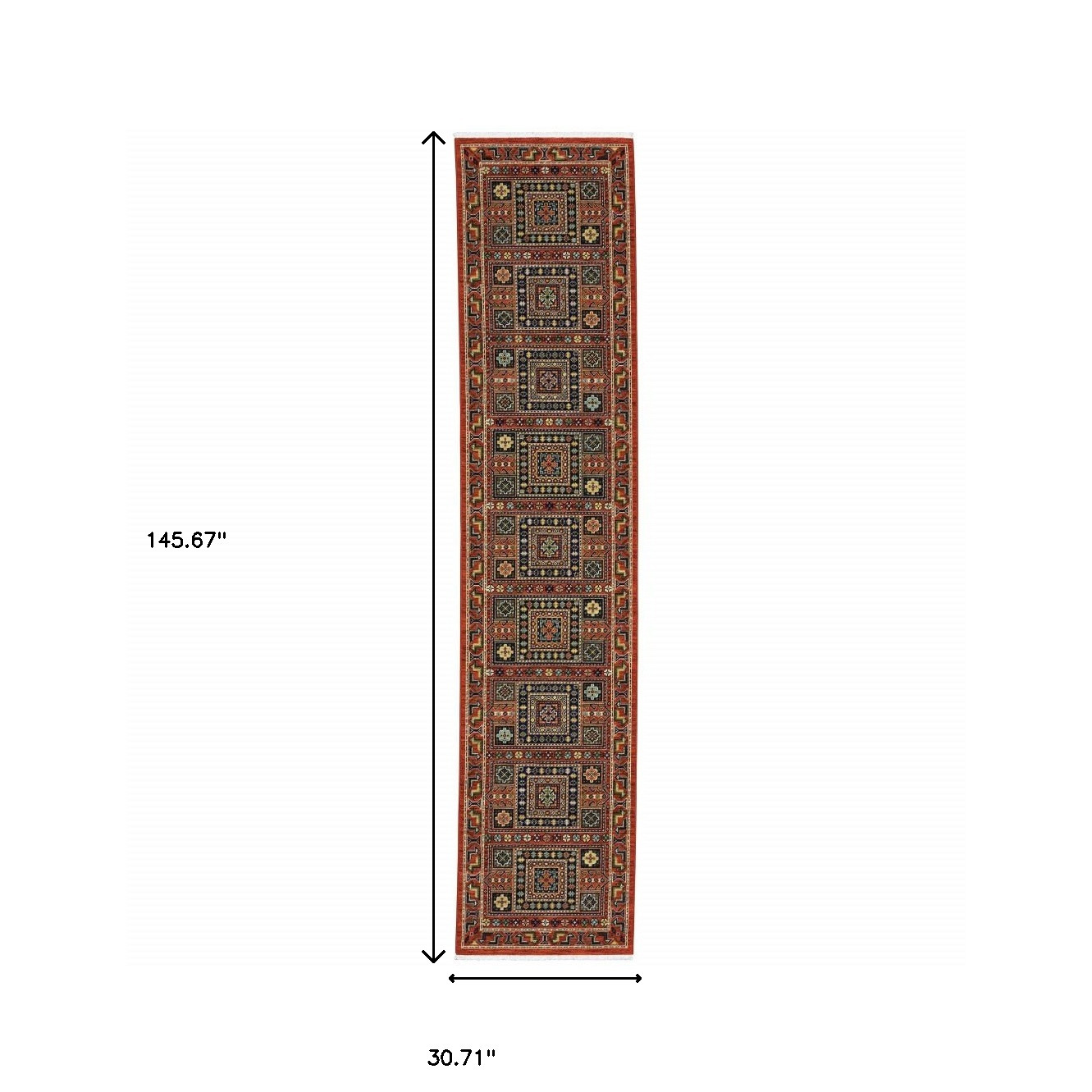 2" X 10" Blue And Red Oriental Power Loom Runner Rug With Fringe