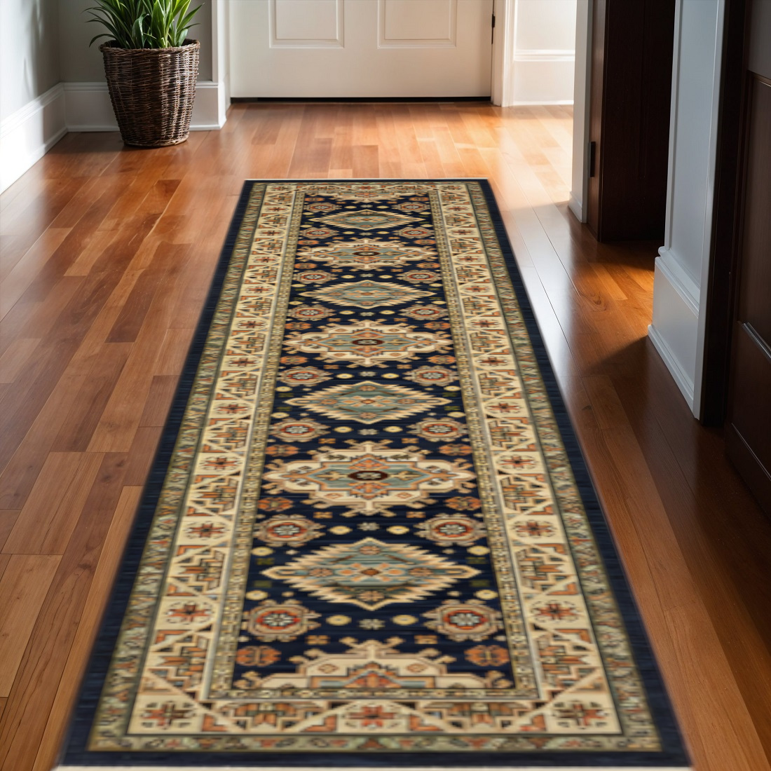 12' Blue and Orange Oriental Power Loom Runner Rug-510606-1