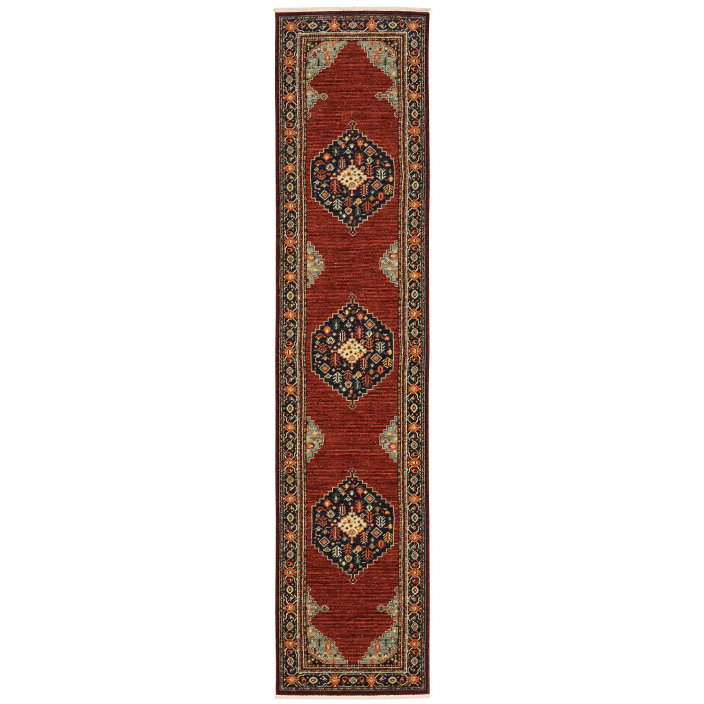 2" X 10" Red And Ivory Oriental Power Loom Runner Rug With Fringe