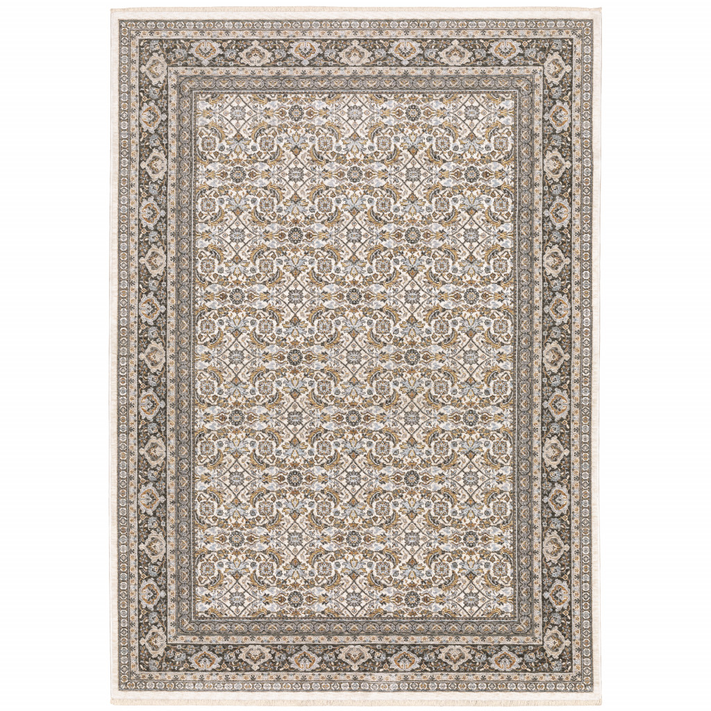 10" X 13" Ivory And Grey Oriental Power Loom Stain Resistant Area Rug With Fringe