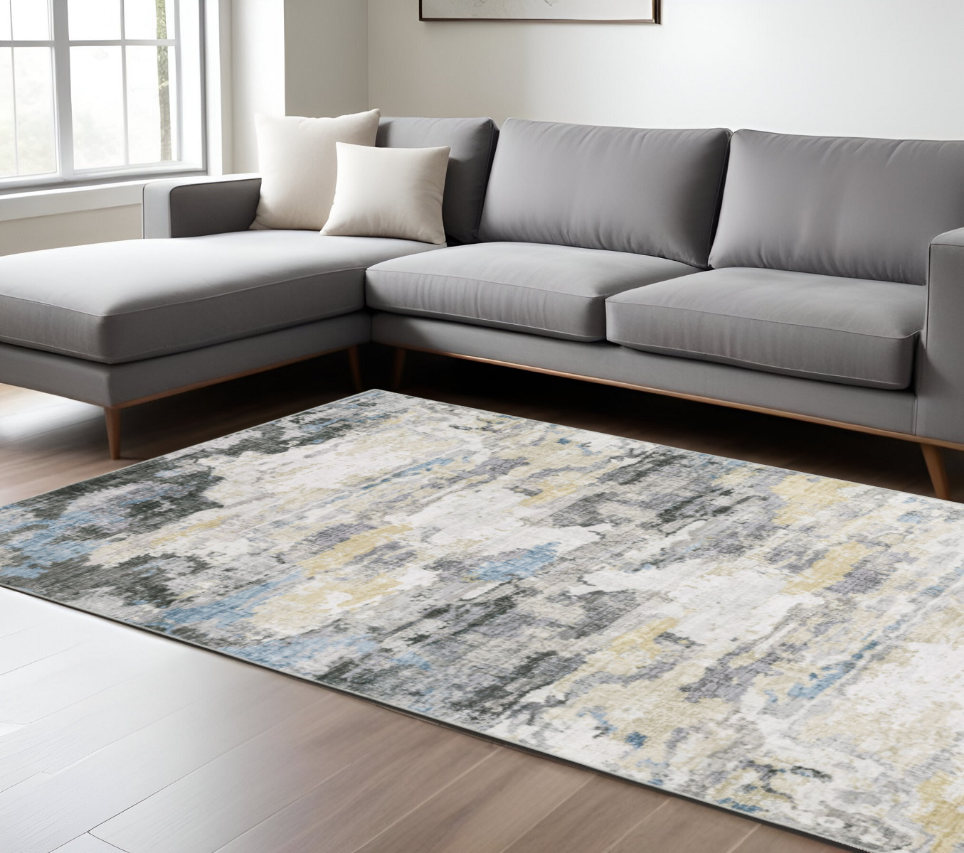 7" X 10" Blue and Gray Abstract Non Skid Area Rug