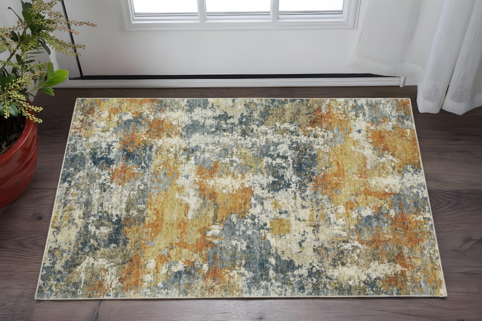 2' X 3' Teal Blue Orange Gold Grey Tan Brown And Beige Abstract Printed Stain Resistant Non Skid Area Rug-510640-1