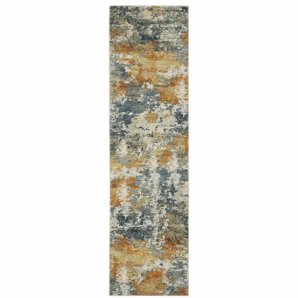 2" X 8" Teal Blue Orange Gold Grey Tan Brown And Beige Abstract Printed Stain Resistant Non Skid Runner Rug