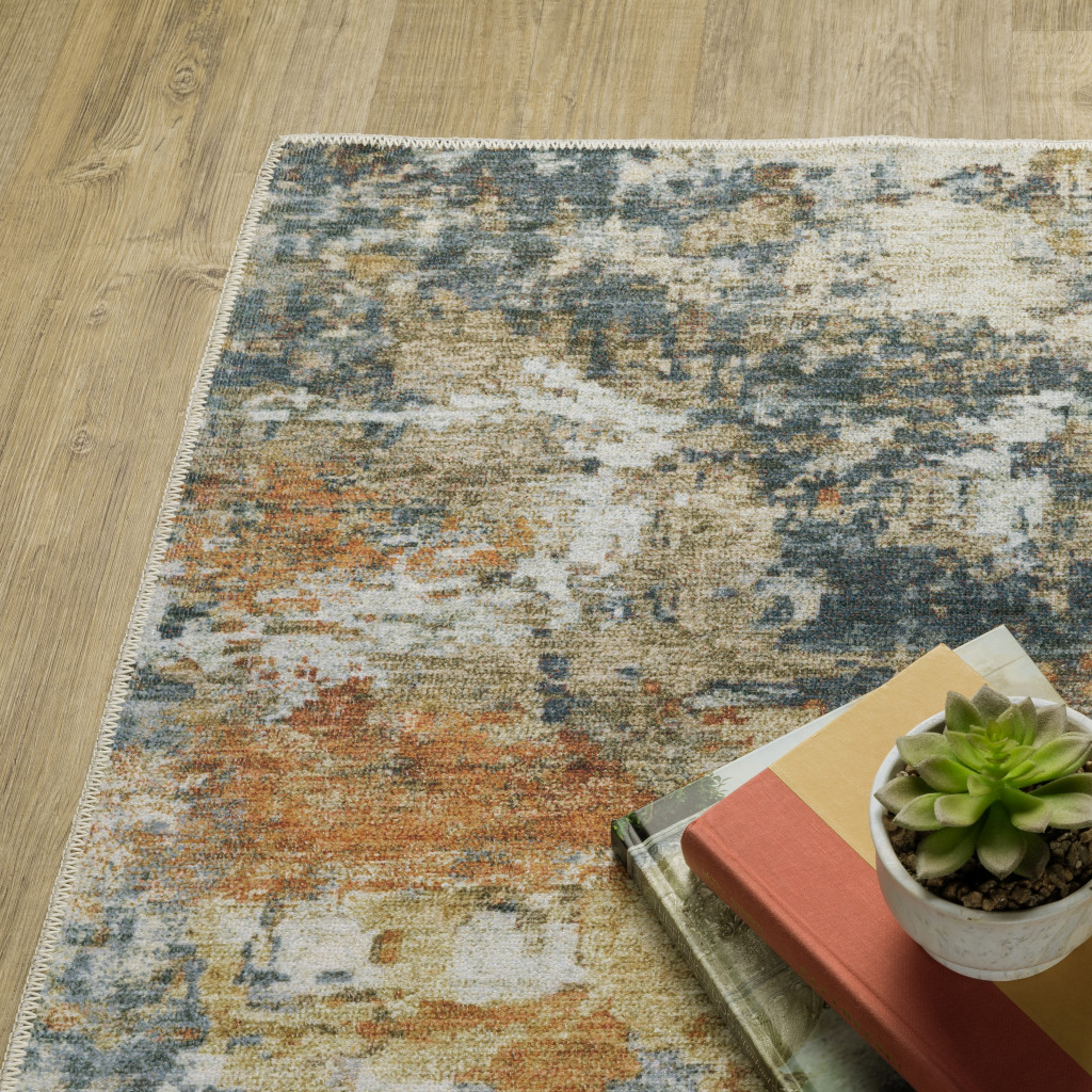 2" X 8" Teal Blue Orange Gold Grey Tan Brown And Beige Abstract Printed Stain Resistant Non Skid Runner Rug