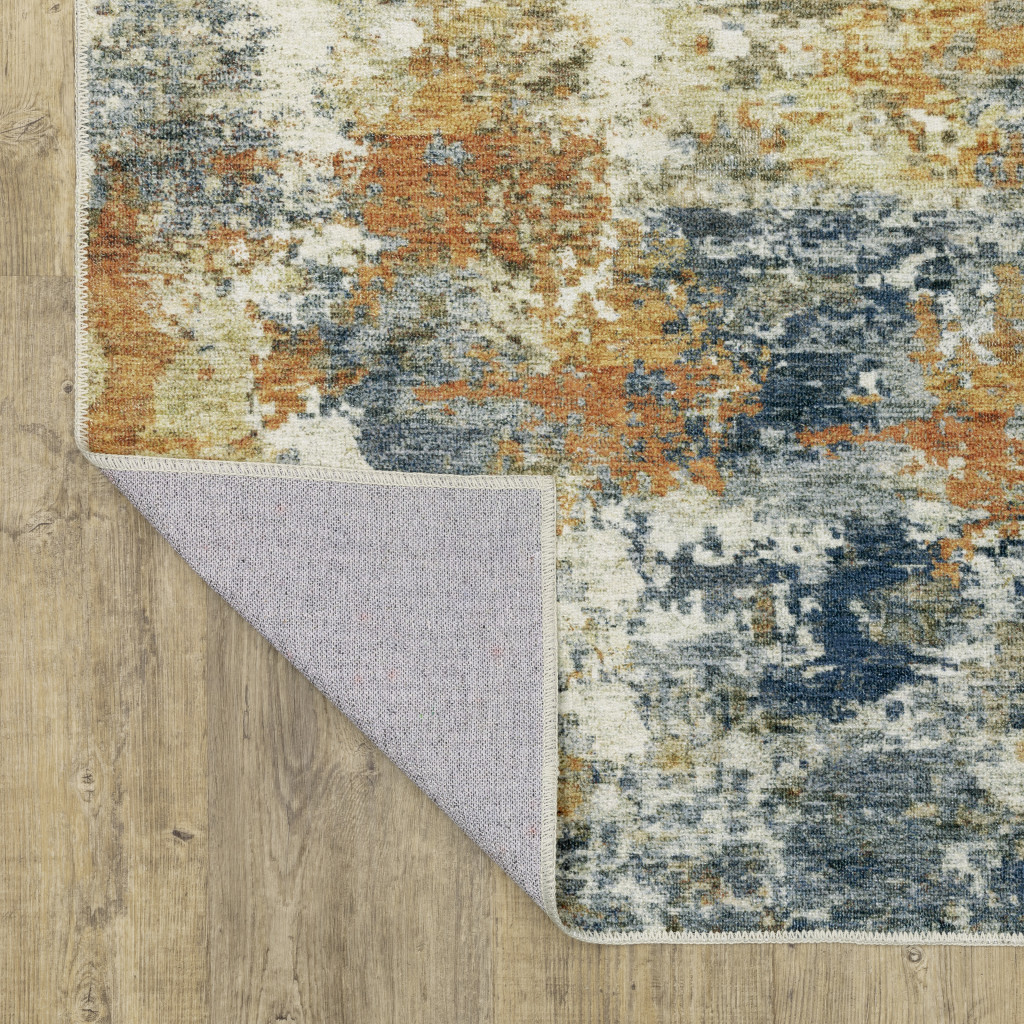 2" X 8" Teal Blue Orange Gold Grey Tan Brown And Beige Abstract Printed Stain Resistant Non Skid Runner Rug