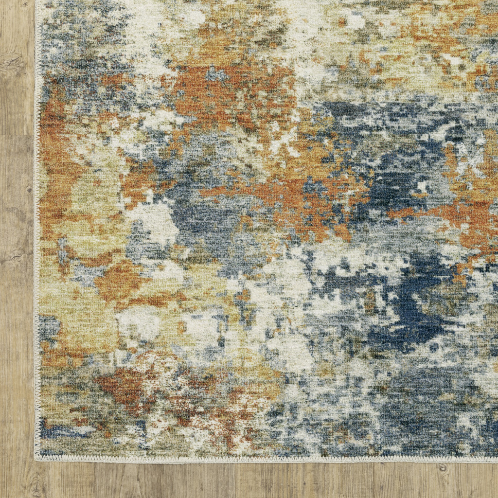2" X 8" Teal Blue Orange Gold Grey Tan Brown And Beige Abstract Printed Stain Resistant Non Skid Runner Rug