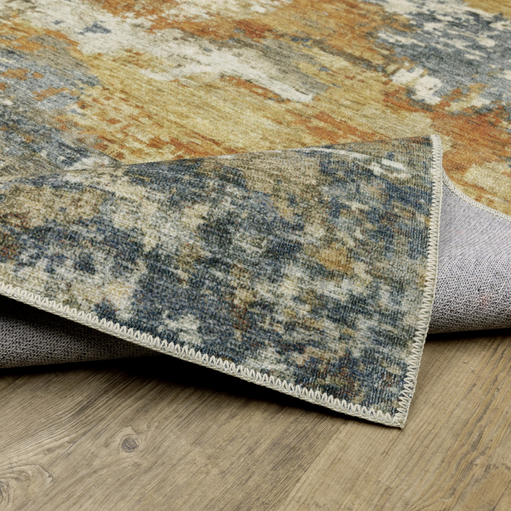 2" X 8" Teal Blue Orange Gold Grey Tan Brown And Beige Abstract Printed Stain Resistant Non Skid Runner Rug