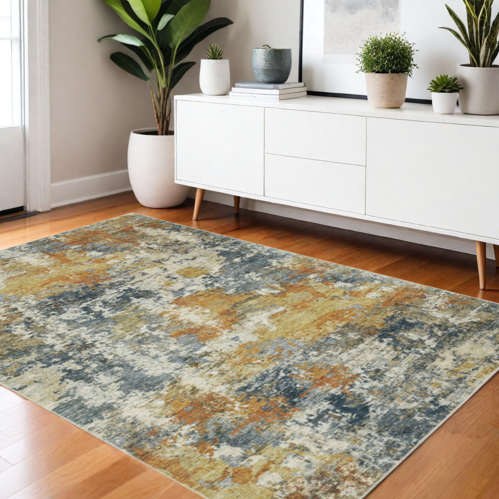 4' X 6' Teal Blue Abstract Non Skid Area Rug-510642-1