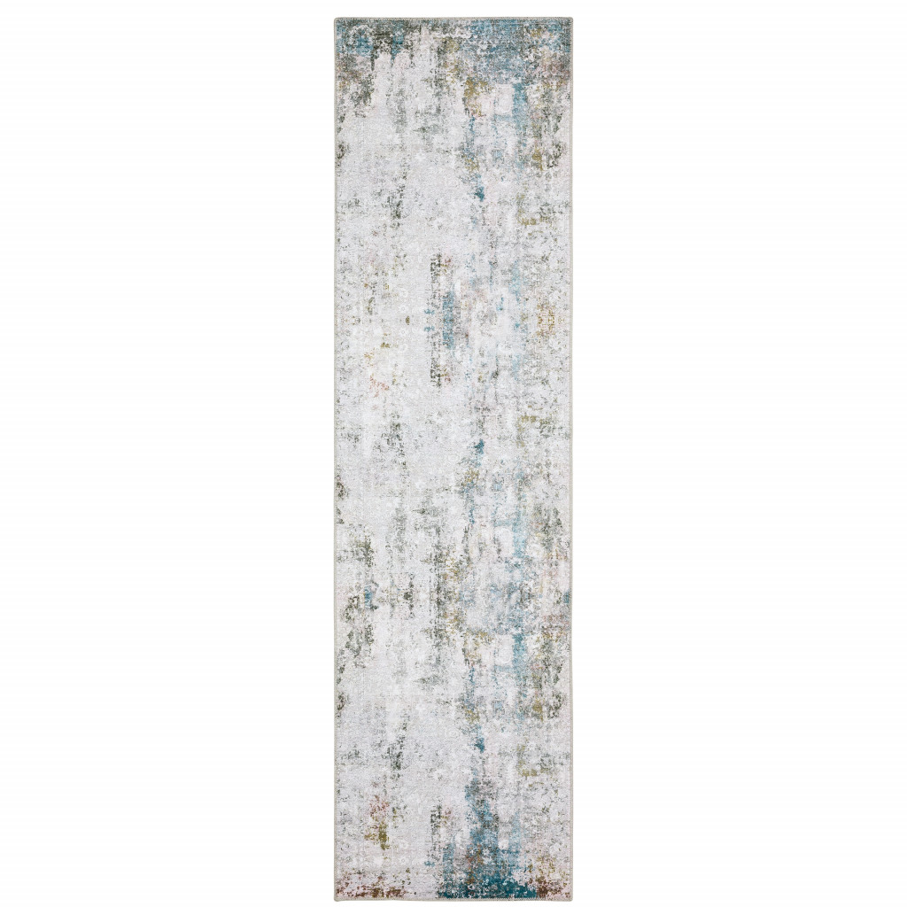 2" X 8" Ivory And Blue Abstract Printed Stain Resistant Non Skid Runner Rug