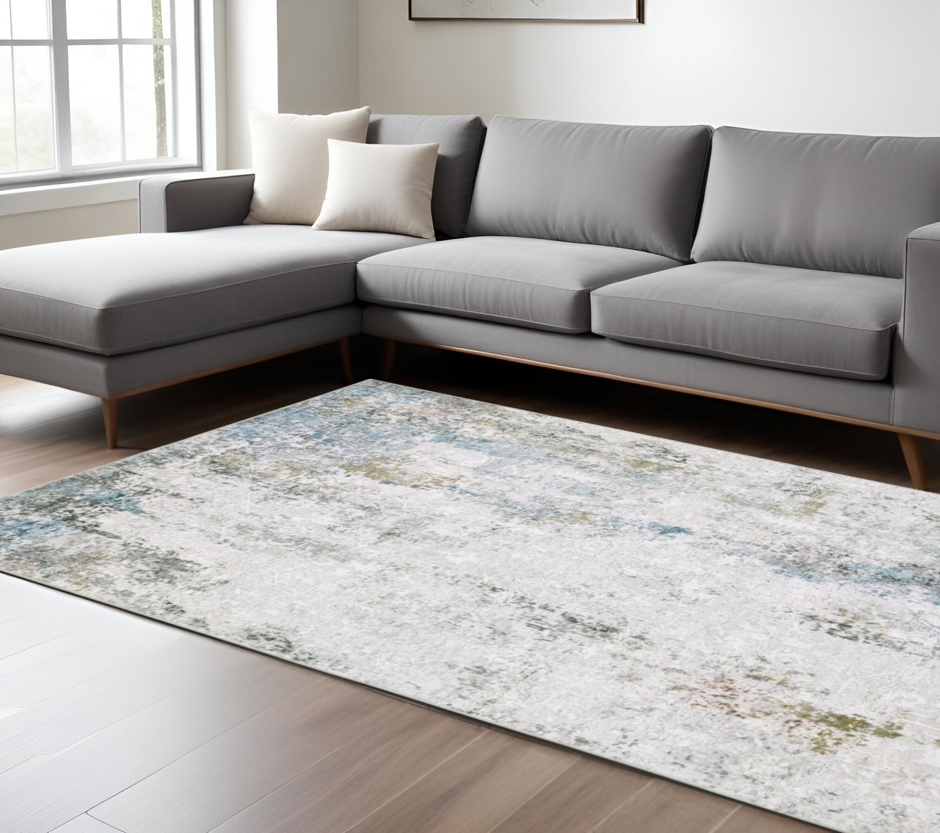 8" X 10" Ivory and Blue Abstract Non Skid Area Rug
