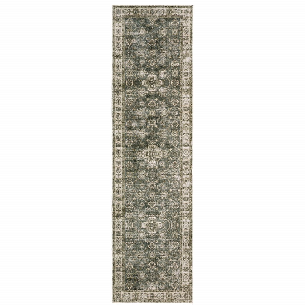 2" X 8" Blue And Beige Oriental Printed Stain Resistant Non Skid Runner Rug