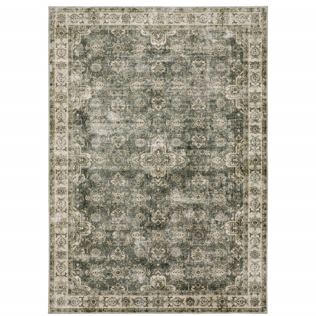 5" X 7" Blue And Beige Oriental Printed Stain Resistant Non Skid Area Rug