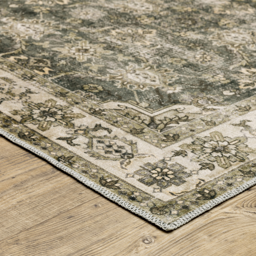 5" X 7" Blue And Beige Oriental Printed Stain Resistant Non Skid Area Rug