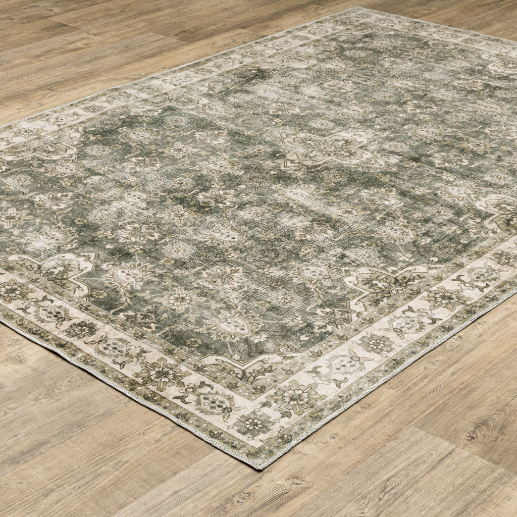 5" X 7" Blue And Beige Oriental Printed Stain Resistant Non Skid Area Rug