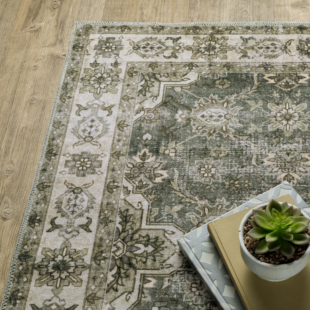 5" X 7" Blue And Beige Oriental Printed Stain Resistant Non Skid Area Rug