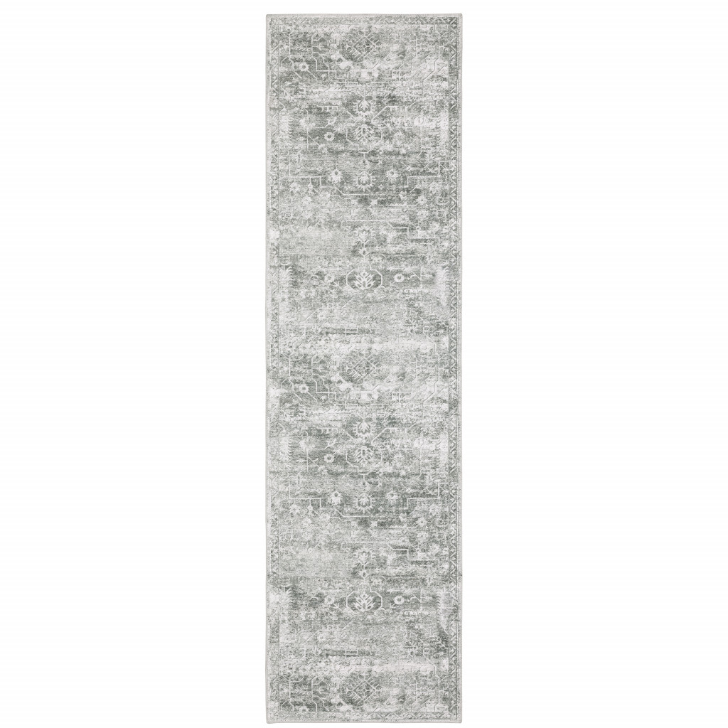 2" X 8" Gray And Ivory Oriental Printed Stain Resistant Non Skid Runner Rug