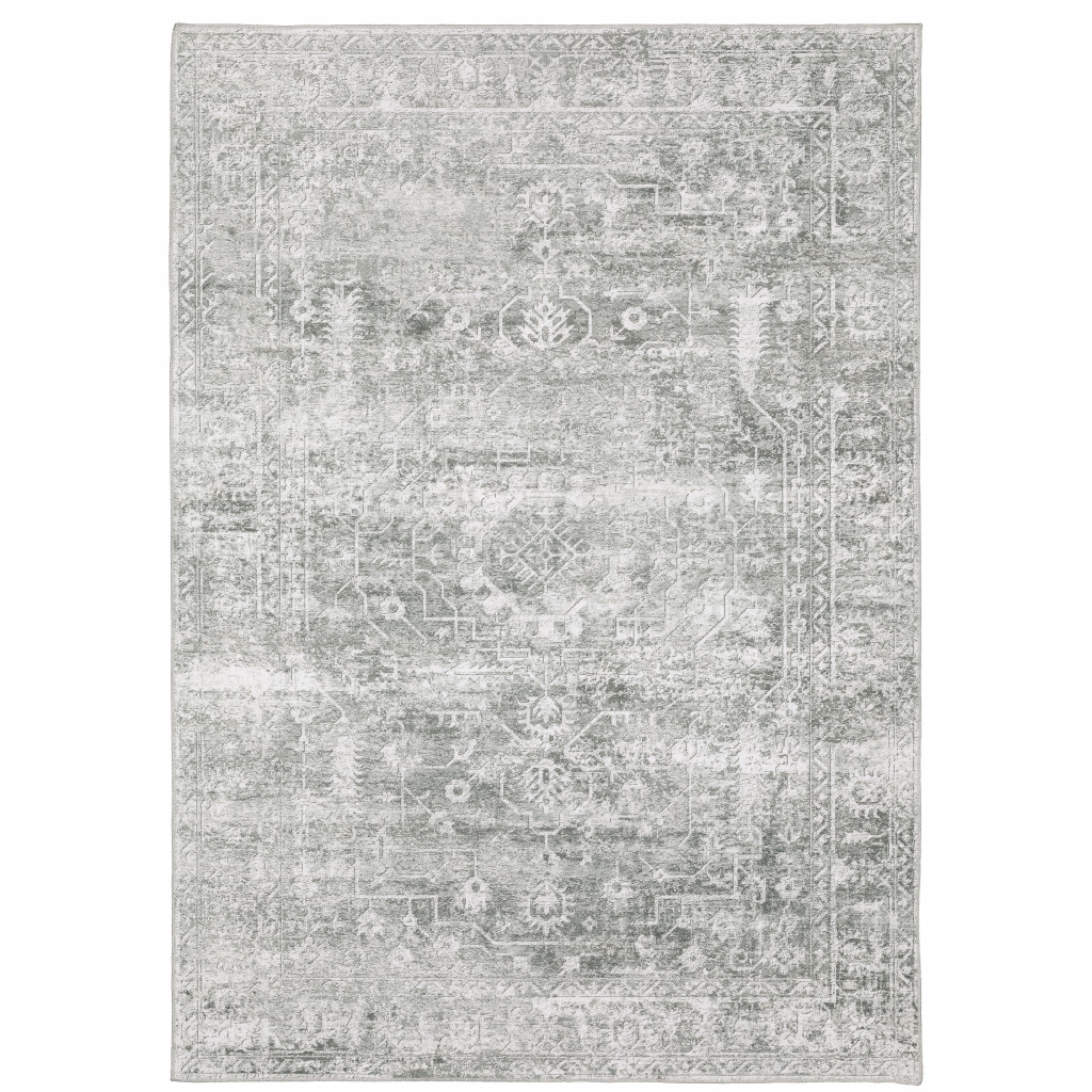 5" X 7" Sage Green Grey Ivory And Silver Oriental Printed Stain Resistant Non Skid Area Rug