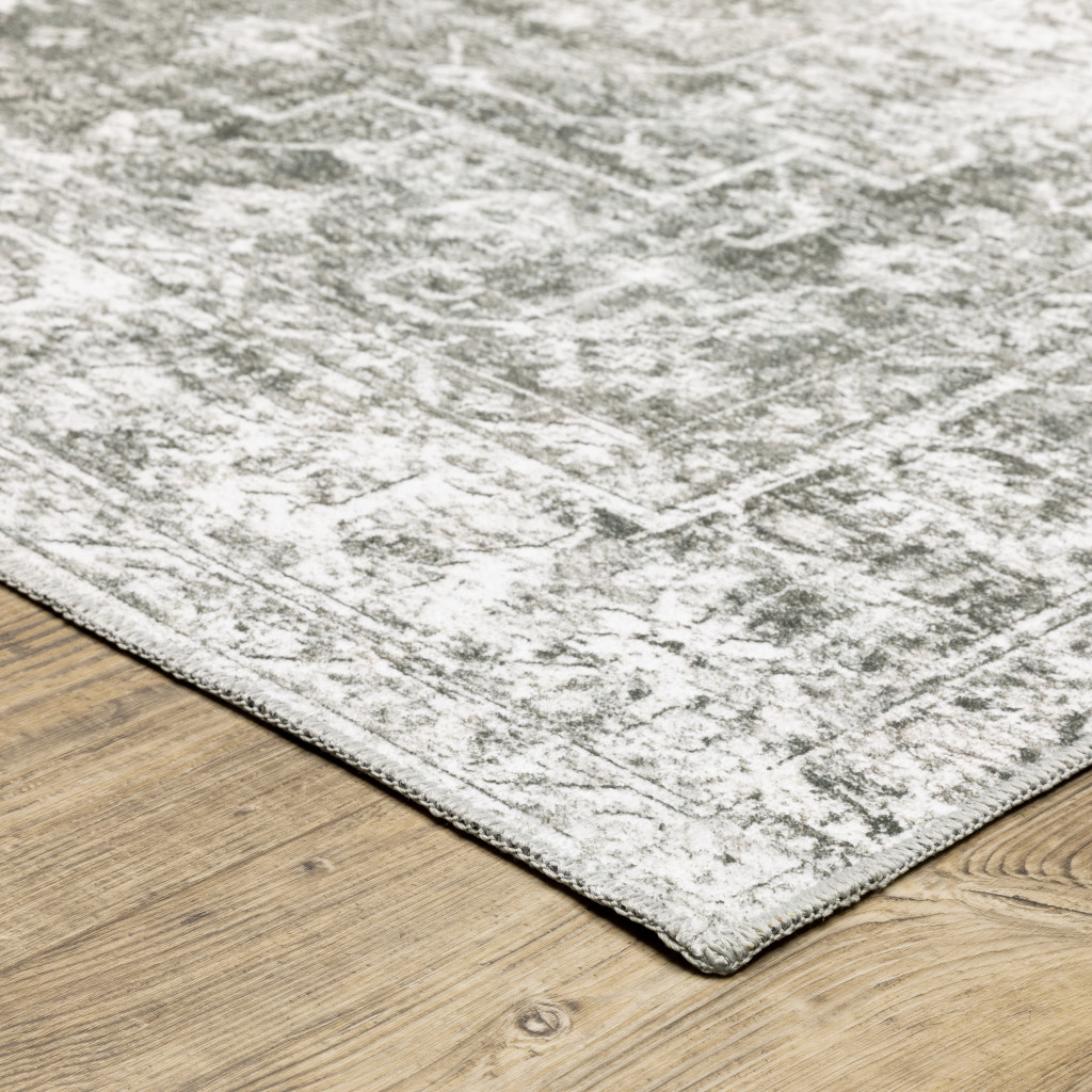 5" X 7" Sage Green Grey Ivory And Silver Oriental Printed Stain Resistant Non Skid Area Rug