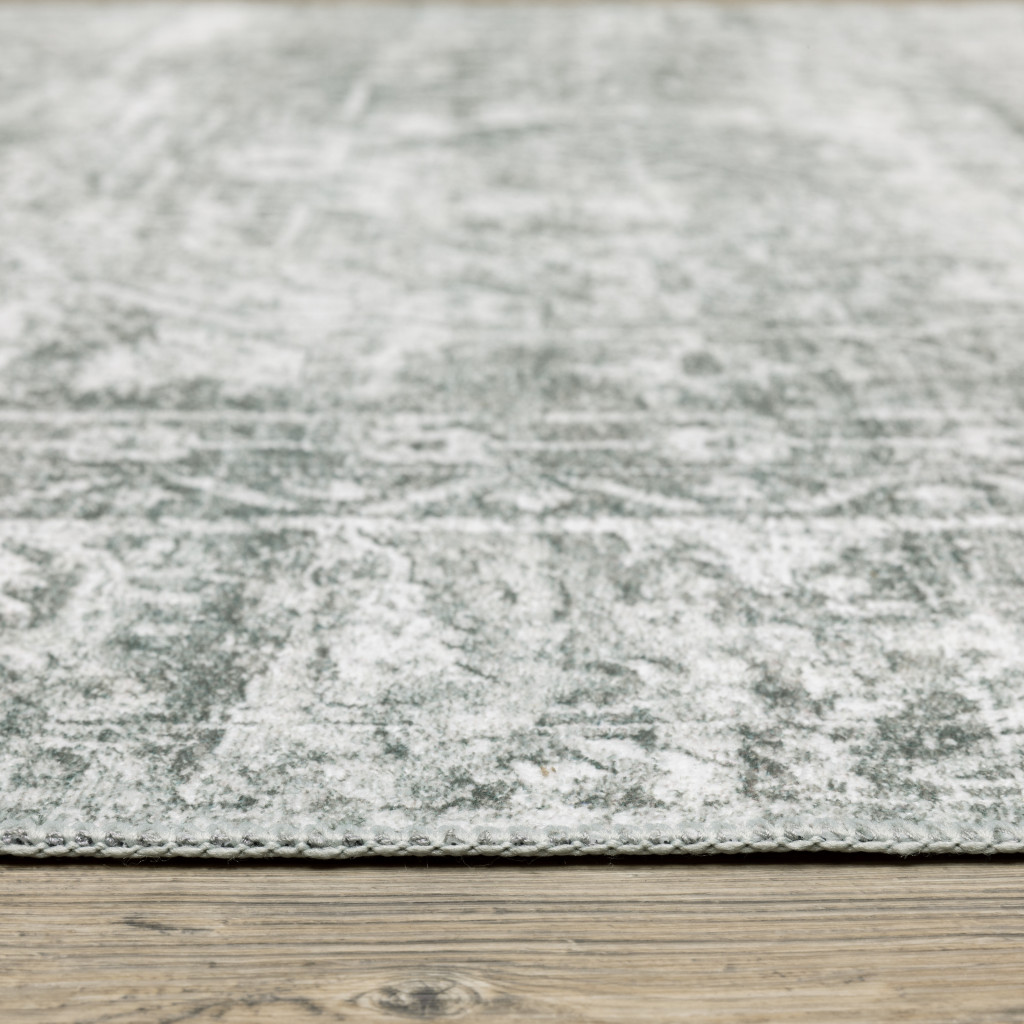 5" X 7" Sage Green Grey Ivory And Silver Oriental Printed Stain Resistant Non Skid Area Rug