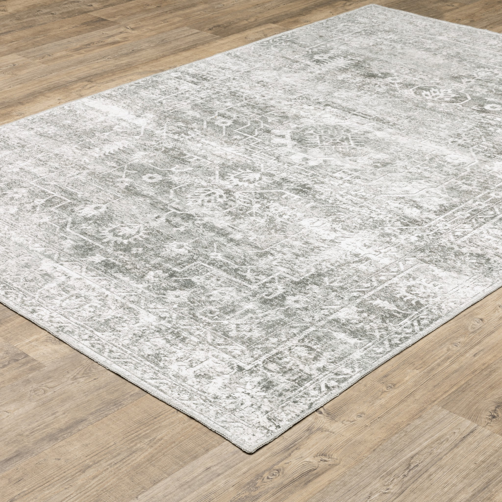 5" X 7" Sage Green Grey Ivory And Silver Oriental Printed Stain Resistant Non Skid Area Rug