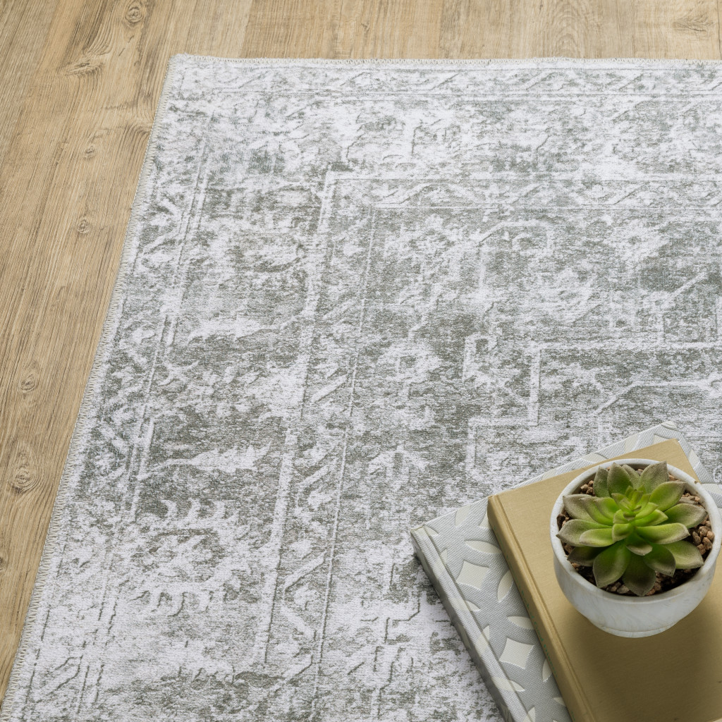 5" X 7" Sage Green Grey Ivory And Silver Oriental Printed Stain Resistant Non Skid Area Rug