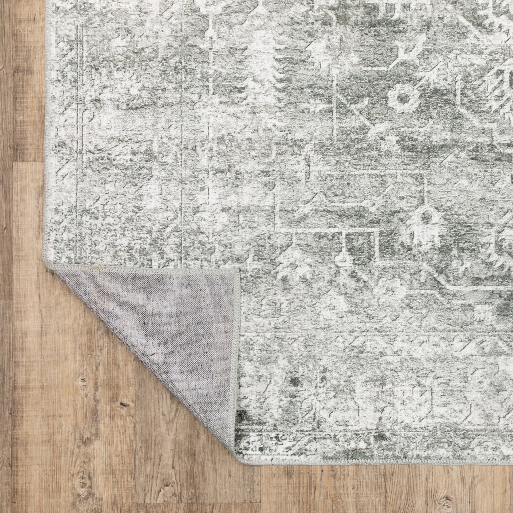 5" X 7" Sage Green Grey Ivory And Silver Oriental Printed Stain Resistant Non Skid Area Rug