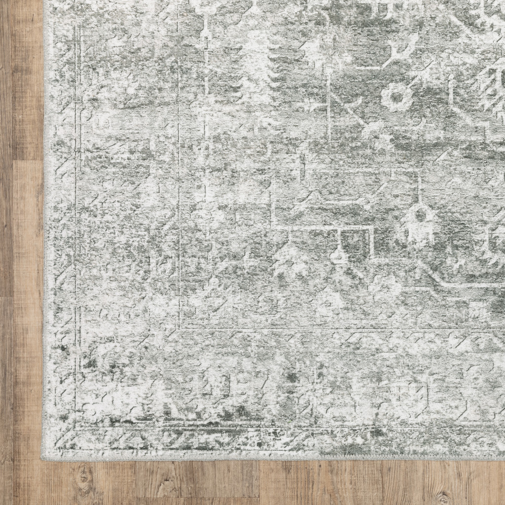 5" X 7" Sage Green Grey Ivory And Silver Oriental Printed Stain Resistant Non Skid Area Rug