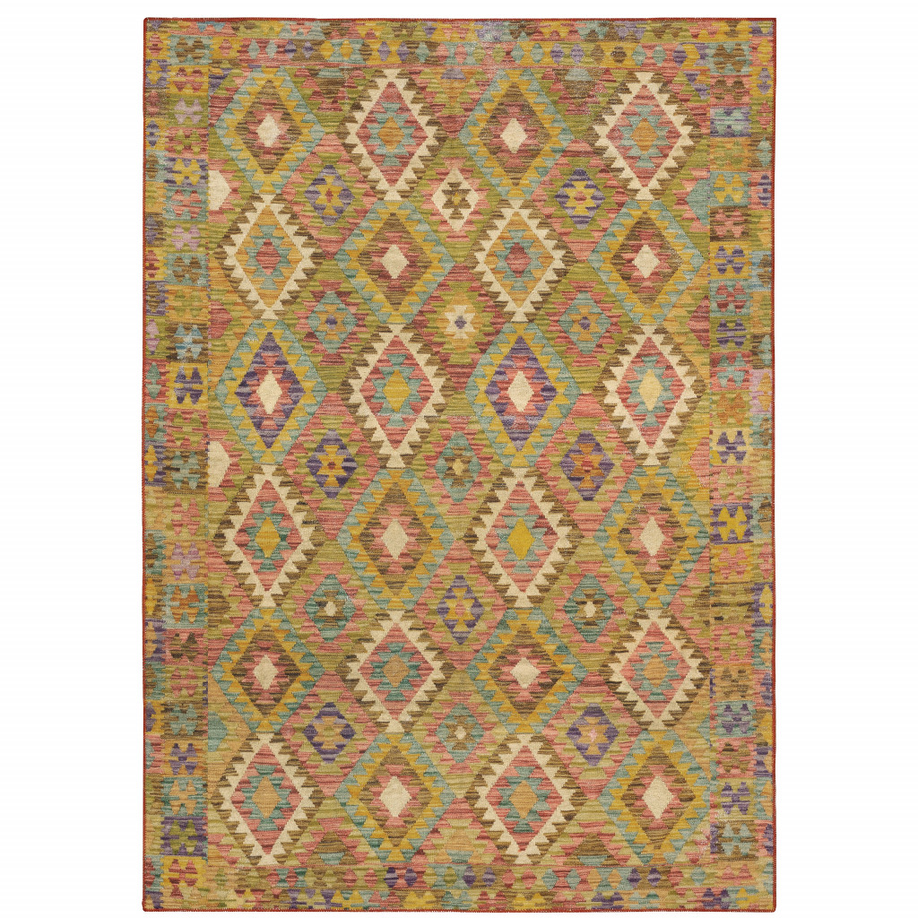 2" X 3" Gold Orange Brown Red Green Purple And Beige Southwestern Printed Stain Resistant Non Skid Area Rug