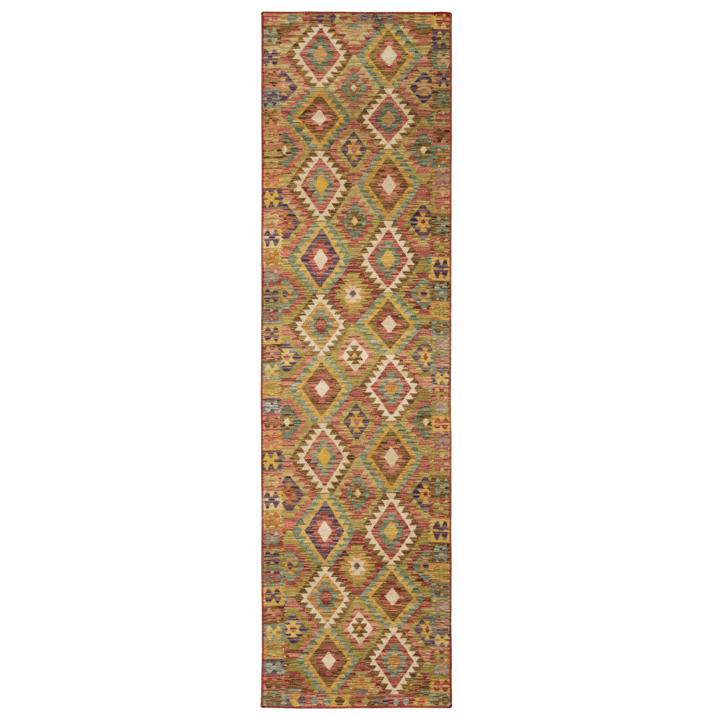 2" X 8" Gold Orange Brown Red Green Purple And Beige Southwestern Printed Stain Resistant Non Skid Runner Rug