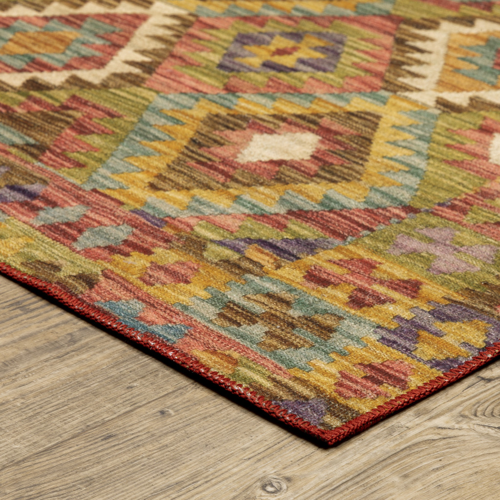 8" X 10" Gold Orange Brown Red Green Purple And Beige Southwestern Printed Stain Resistant Non Skid Area Rug
