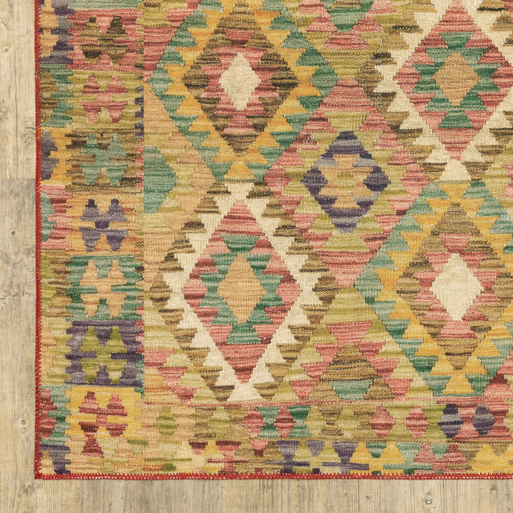 8" X 10" Gold Orange Brown Red Green Purple And Beige Southwestern Printed Stain Resistant Non Skid Area Rug