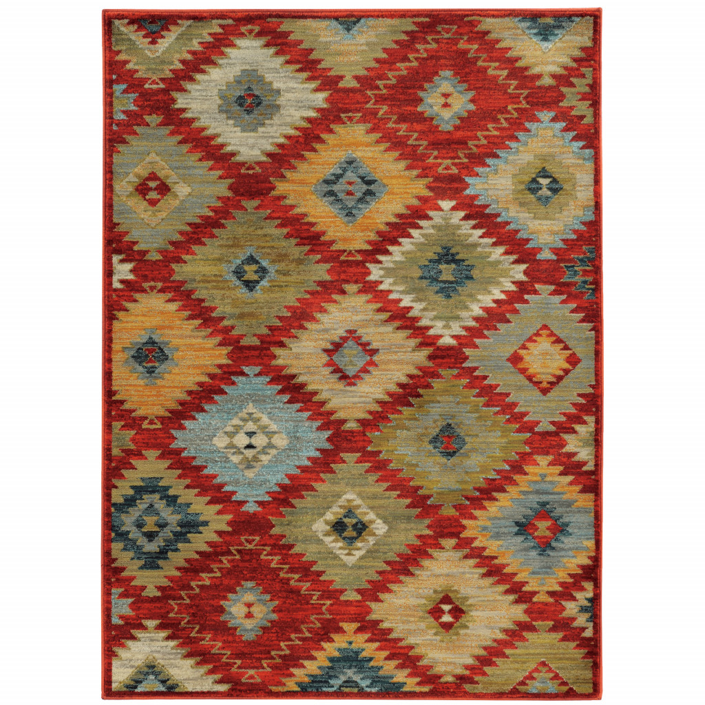 2" X 3" Red Green Gold Blue Teal And Ivory Geometric Power Loom Stain Resistant Area Rug