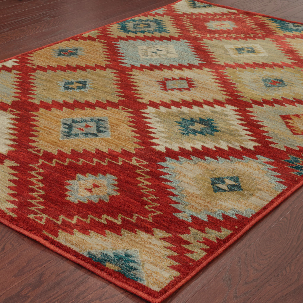 2" X 3" Red Green Gold Blue Teal And Ivory Geometric Power Loom Stain Resistant Area Rug