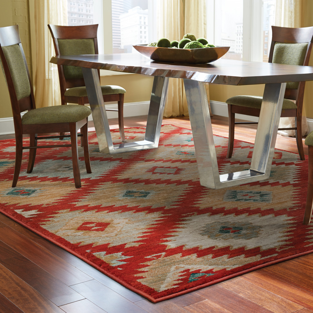 10" X 13" Red Green Gold Blue Teal And Ivory Geometric Power Loom Stain Resistant Area Rug