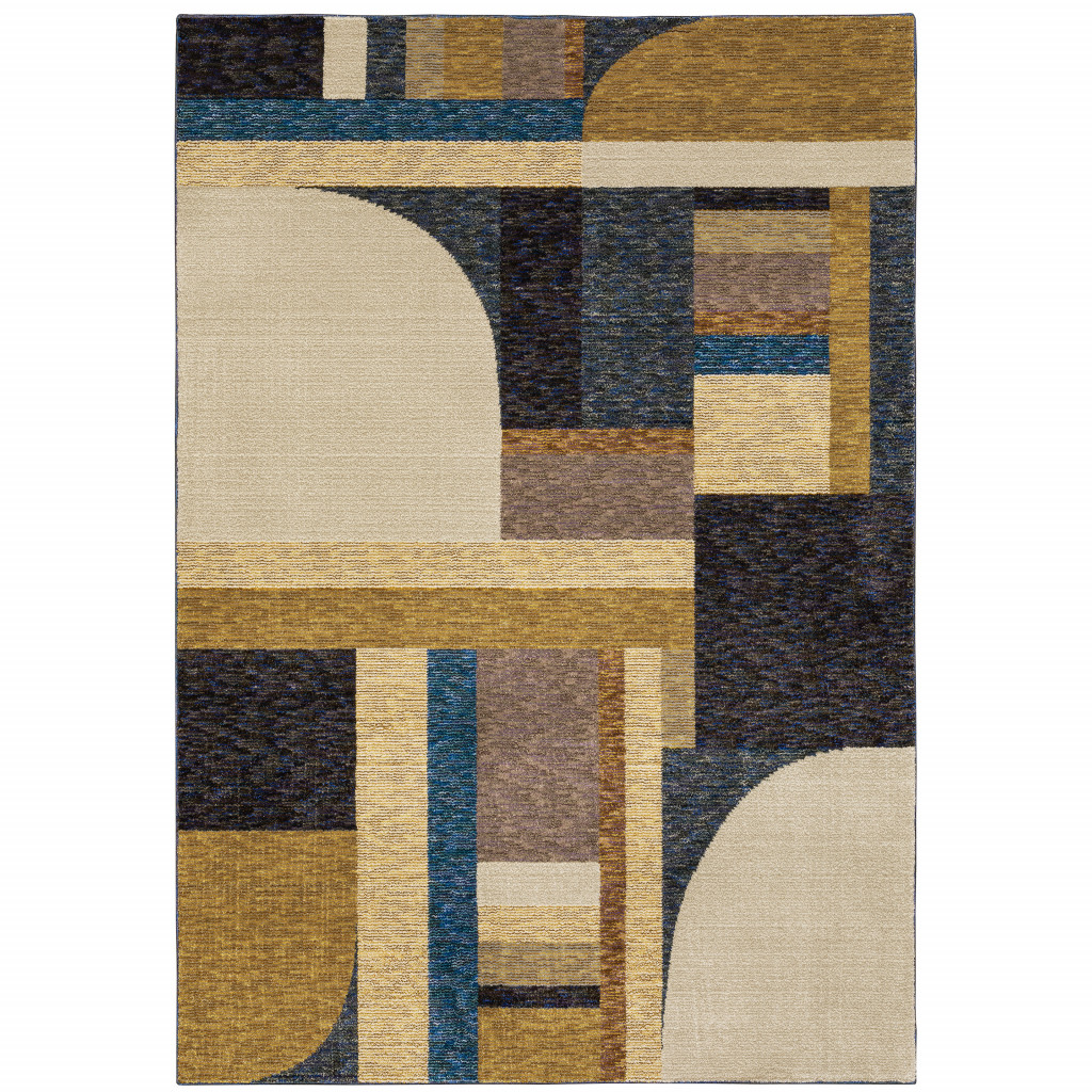 8" X 11" Blue and Beige Geometric Power Loom Area Rug