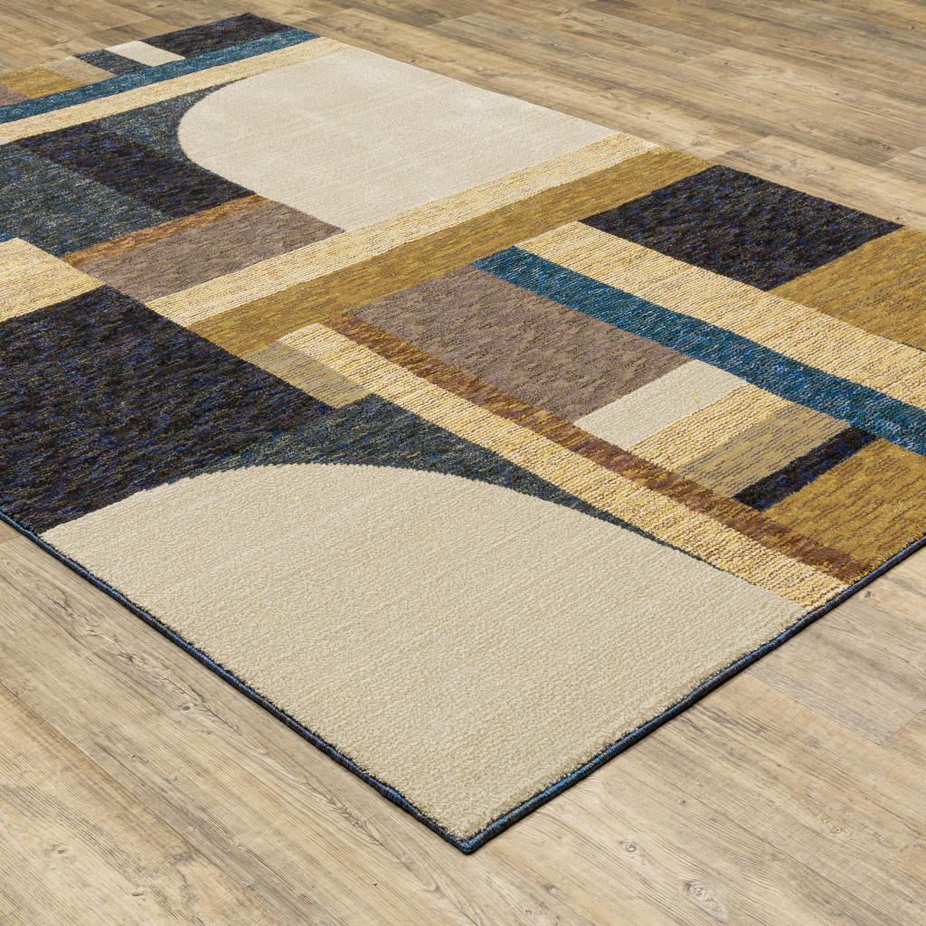 8" X 11" Blue and Beige Geometric Power Loom Area Rug