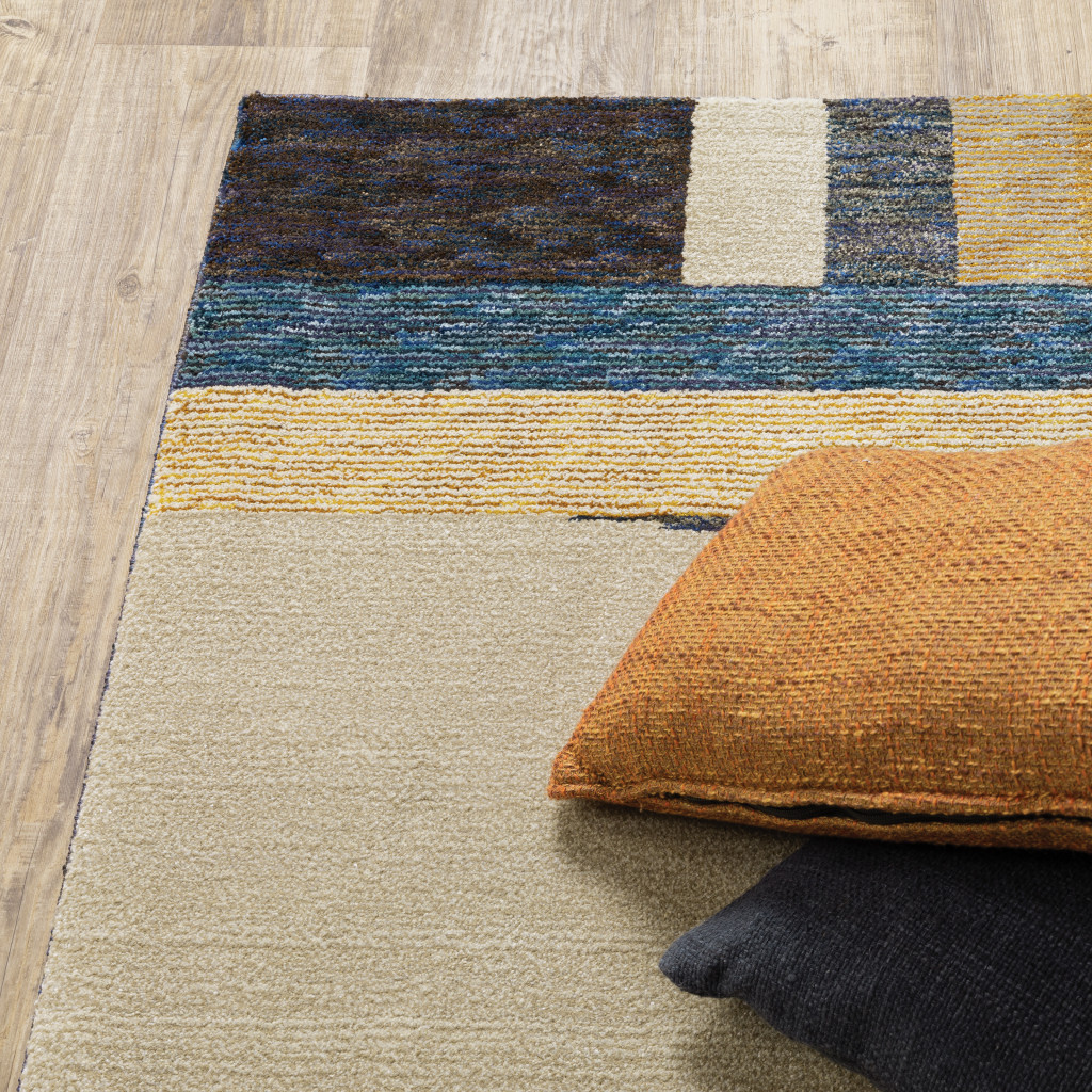 8" X 11" Blue and Beige Geometric Power Loom Area Rug