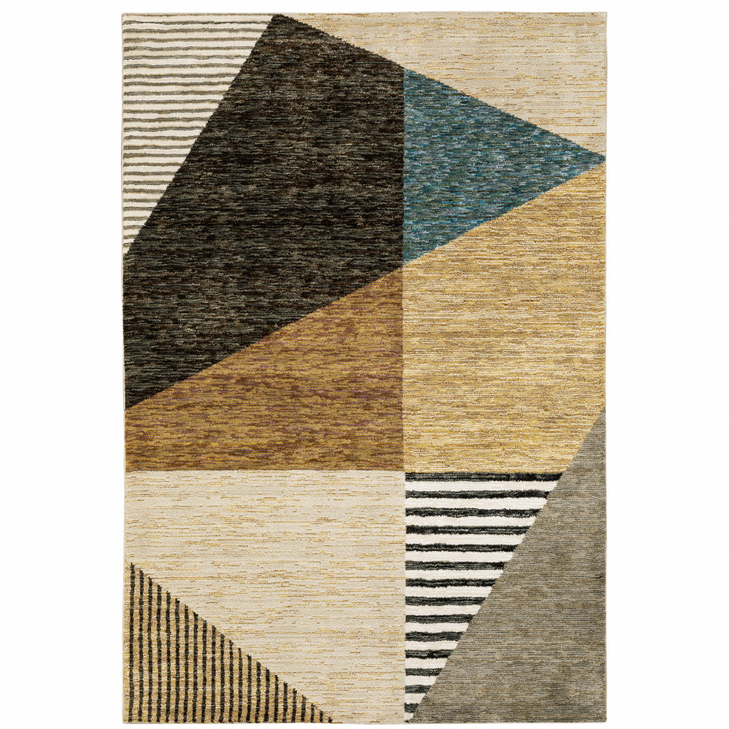 10" X 13" Blue and Beige Geometric Power Loom Area Rug