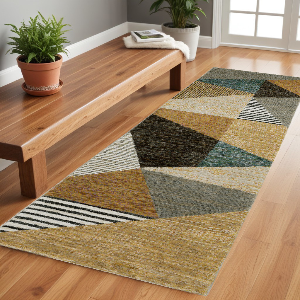 8" Runner Blue and Beige Geometric Power Loom Runner Rug