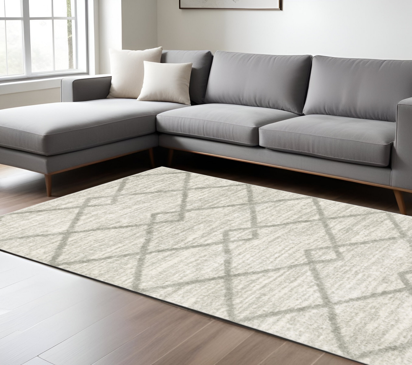 8" X 11" Gray and Ivory Geometric Shag Power Loom Area Rug
