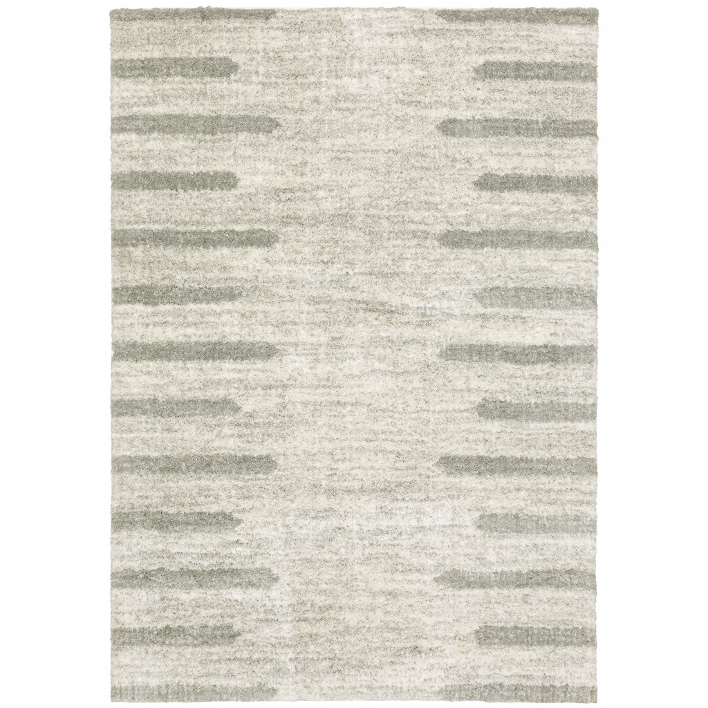 8" X 11" Gray and Ivory Geometric Shag Power Loom Area Rug