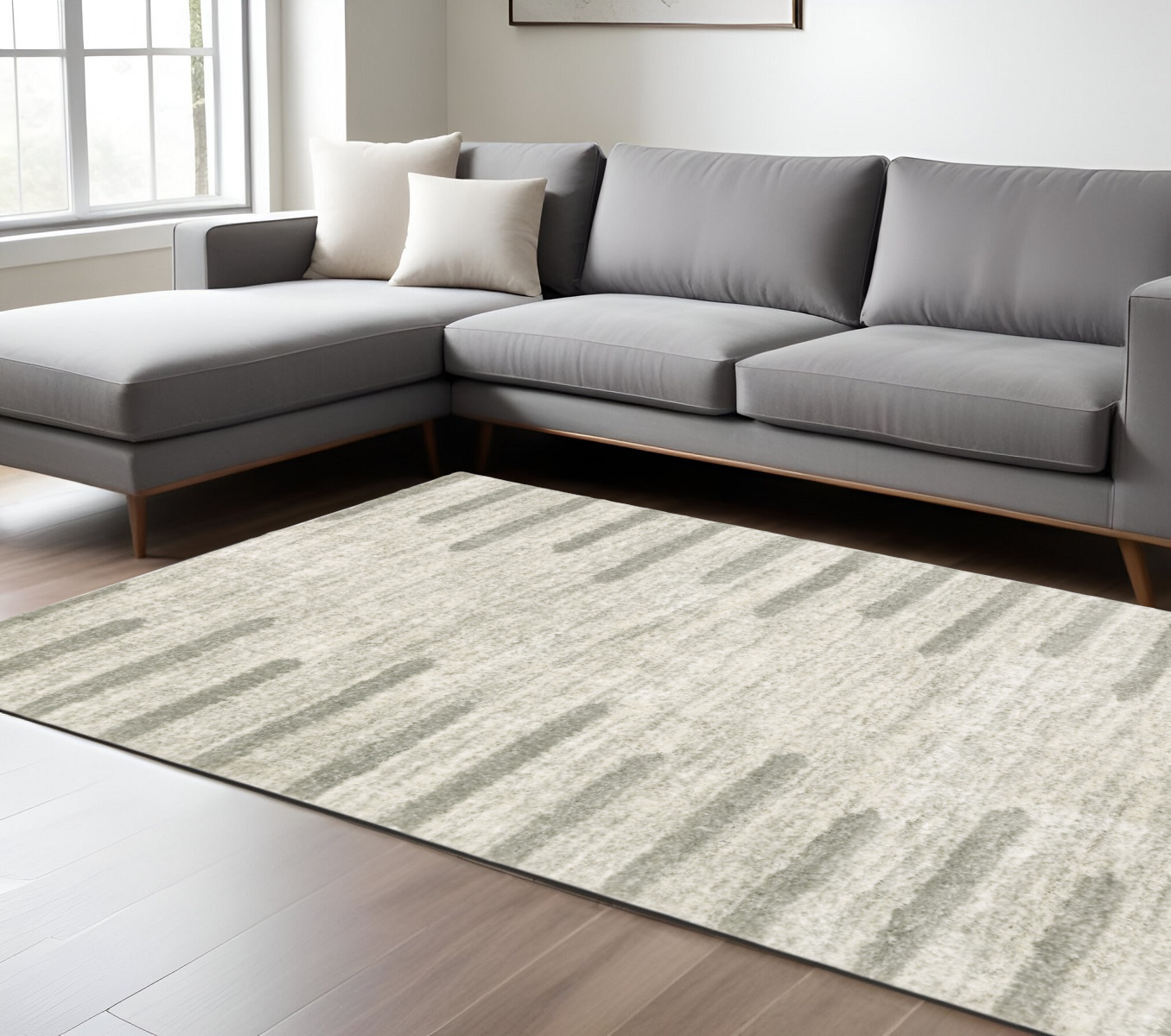 8" X 11" Gray and Ivory Geometric Shag Power Loom Area Rug