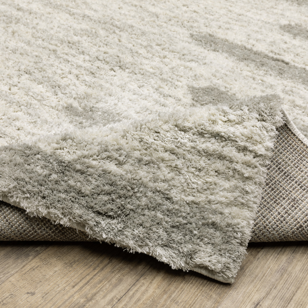 10" X 13" Ivory And Grey Geometric Shag Power Loom Stain Resistant Area Rug