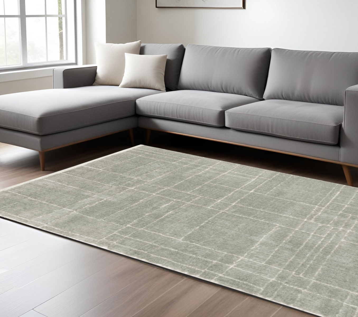 8" X 11" Gray and Ivory Geometric Shag Power Loom Area Rug
