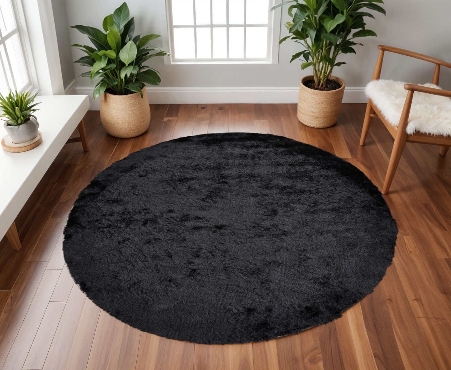 8' Black Shag Hand Tufted Round Rug-510952-1