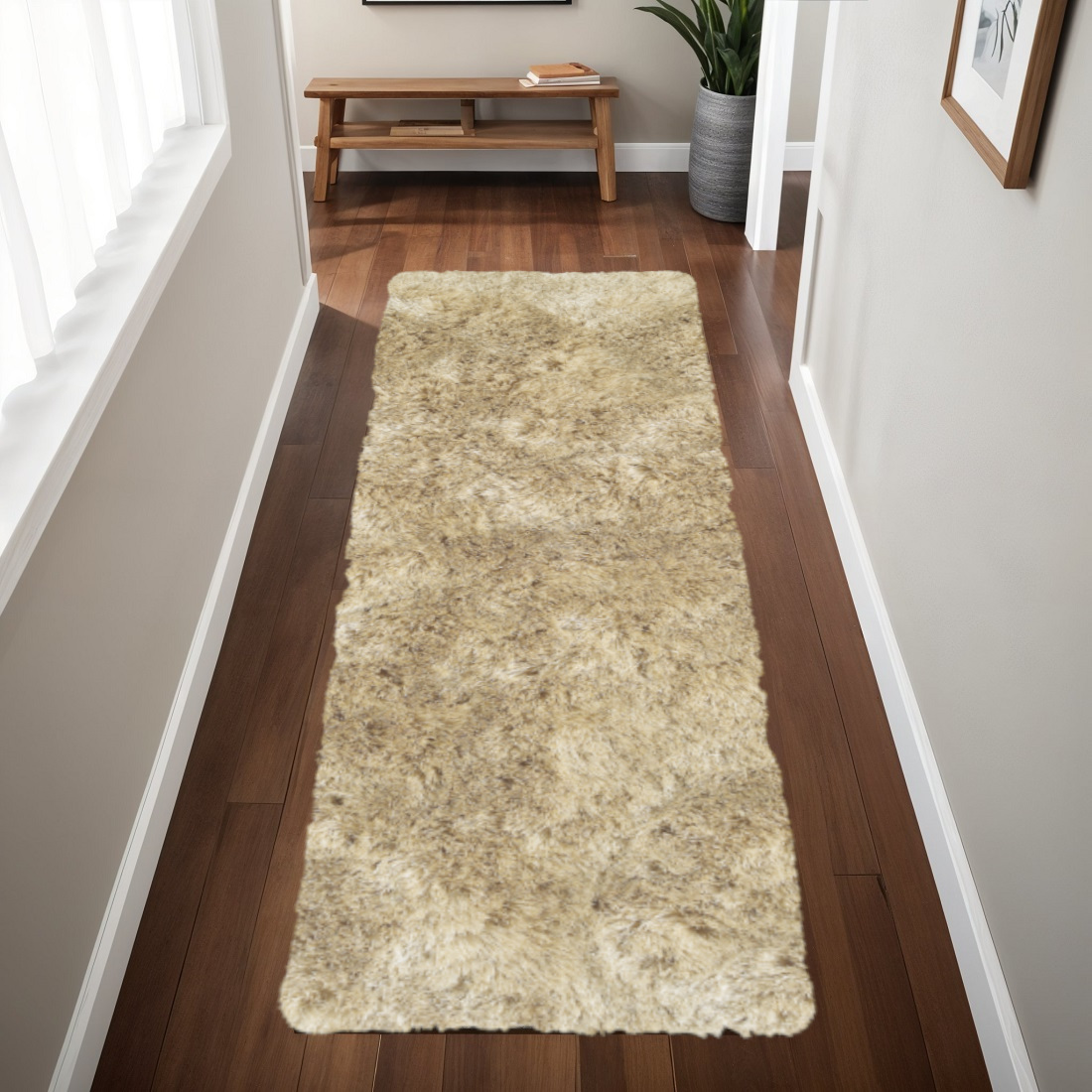 6' Taupe Shag Hand Tufted Runner Rug-510965-1